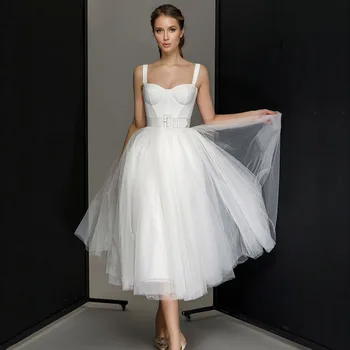 Baltas Tiulis Nuotakos Suknelė Trumpas Brangioji Linijos, Paprastas Vestuvių Suknelė 2022 Arbata Ilgis Rankovių Midi Vestuvių Suknelė Pagal Užsakymą