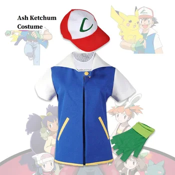 Berniukas Pelenų Ketchum, Cosplay Kostiumų Blue Coat Kepurės Pirštinės Poke Ball Anime Cosplay Helovinas Kostiumai