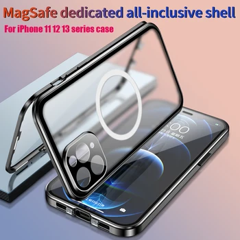 Magnetinės Metalo Flip Case for iPhone 14 13 Pro Max 12 Magsafing Belaidis Kroviklis Visą Grūdintas Stiklas Skaidrus Raštas