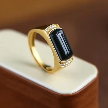 Naujas Vintage ilgai Obsidianas sklandžiai auksą, sidabrą, vyrų ir moterų atviras žiedas