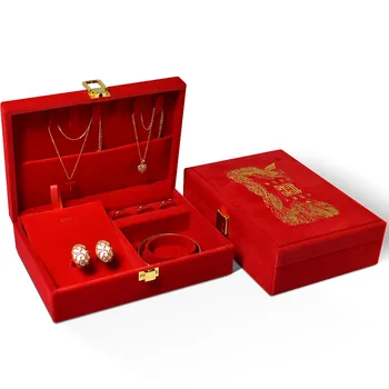 Tris aukso papuošalų dėžutė vestuvių high-end aukso papuošalų laikymo dėžutė raudonos aksomo drakonas ir feniksas apyrankę nustatyti kraitį dėžutę