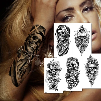 10vnt/daug padirbtų tatuiruotės arm sleeve merginos moters kūno menas seksualus kaukolė rožių žiedų juoda eskizas linija vandeniui laikinos tatuiruotės