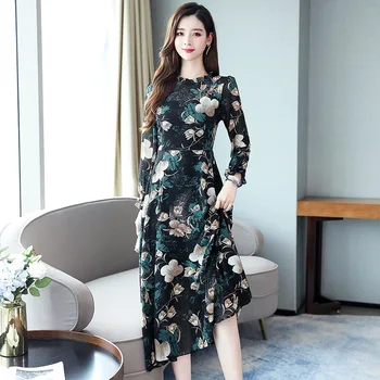 2019 naujų rudens pradžioje plonomis šifono suknelė moterims ilgomis rankovėmis elegantiškas temperamentas spausdinti suknelės