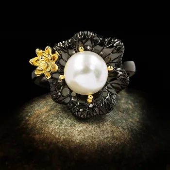 2022 m. Derliaus Papuošalai Sidabro Spalvos Baroko Perlas Žiedai Moterų Vestuvės Vestuvinis Nuotakos Juodojo Aukso Papuošalai