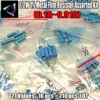 210pcs 21 Vertės 1/2W 1% 0.1-0.91 Ohm Metalo Kino Rezistorius Asorti Rinkinio pakuotėje