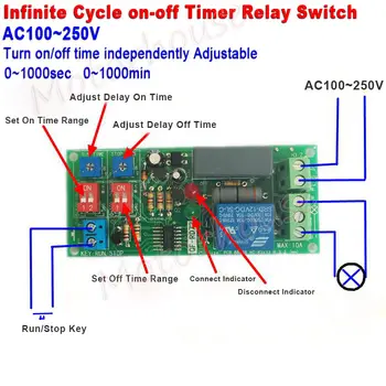 AC 100V-250V Reguliuojamas Infinite Loop Ciklo Delay Timer Rėlę Įjungti/IŠJUNGTI Jungiklis 0-1000s 0-1000min