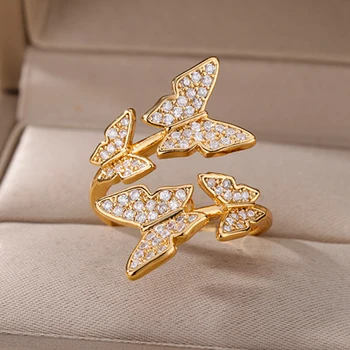 Cirkonis Butterfly Vestuvių Žiedai Moterims, Nerūdijančio Plieno, Aukso Spalvos Reguliuojamas Žiedo Moterų Mados Estetinės Dalyvavimas Papuošalai