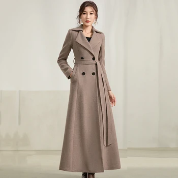 Naujas Moterų Pailgintas, Vilnoniai Paltai Rudens Žiemos Elegantiškas Tirštėti Šiltas Jungiamąją Varčias Ilgai Vilnos Mišiniai Paltas Moteriška Sidabrinė Chaki