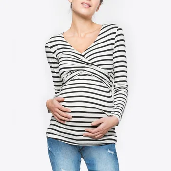 Naujas Nėščioms Moterims T-shirt Motinystės Palaidinė Krūtimi Atsitiktinis ilgomis Rankovėmis Viršūnes Dryžuotas Nėštumo, maitinimo Krūtimi Maitinančioms Marškinėliai