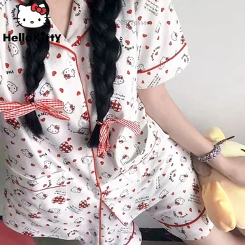 Sanrio Hello Kitty Moterų Pijamas Trumpas Rinkiniai Vasaros Trumpomis Rankovėmis, Trumpos Kelnės Slim Prarasti Studentų Homewear Saldus, Elegantiškas Nightpants