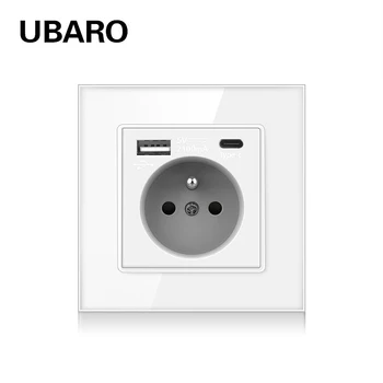 UBARO Prancūzija Standartinių Namų Lizdą Su USB C Tipo Elektros Kištukas Baltos spalvos Grūdinto Stiklo plokštės Vieną elektros Lizdą 110-250V 16A