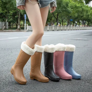 žiemos didelio lietaus batai moterims suaugusiųjų mados dėvėti ilgas pliušinis šilto lietaus batai anti-slydimui atsparus vandeniui batai virtuvės guminiai batai